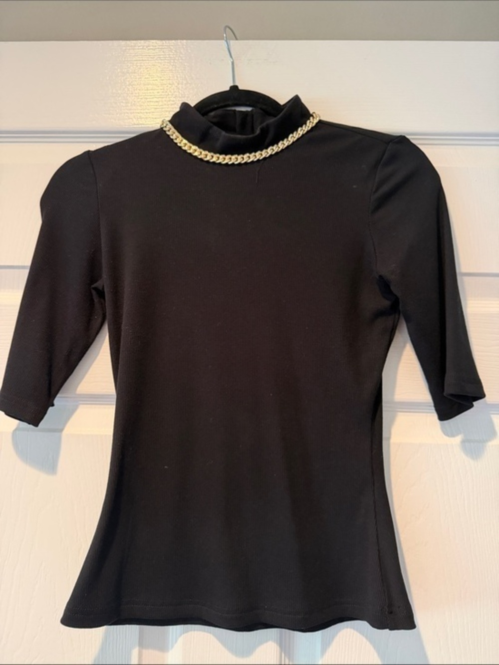 Generation Love Black Ribbed Mock Neck Top wGold and Rhinestone Chain Size XS